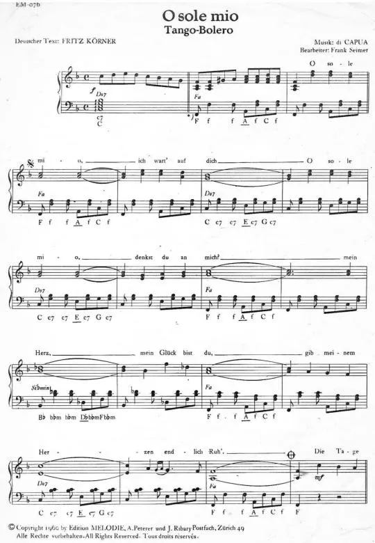 télécharger la partition d'accordéon O sole mio (Arrangement : Frank Seimer) (Tango Boléro) au format PDF