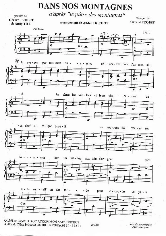télécharger la partition d'accordéon Dans nos montagnes (D'après le pâtre des montagnes) (Arrangement : André Trichot) (Valse)  au format PDF