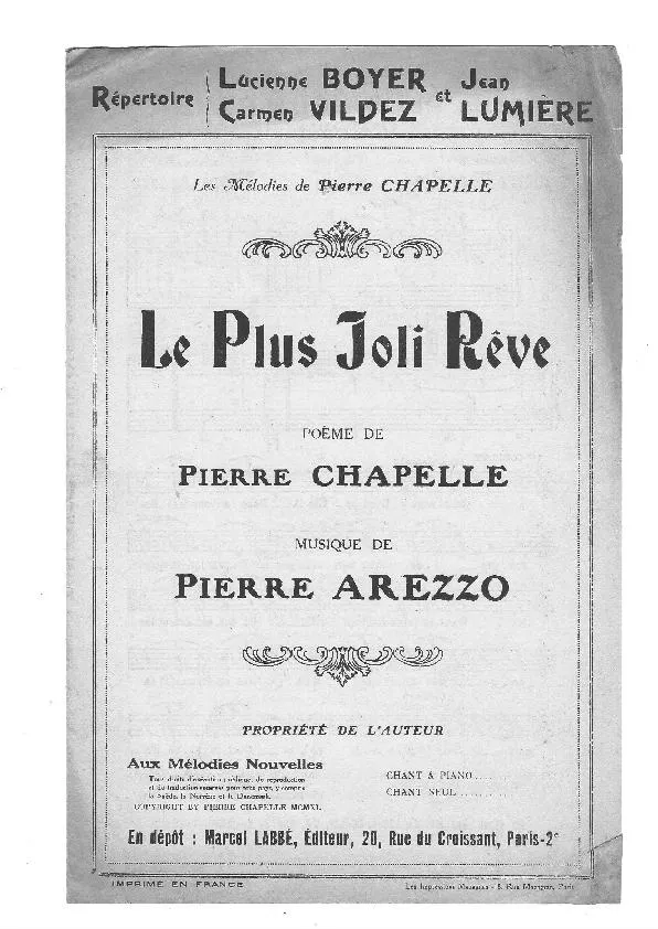 télécharger la partition d'accordéon Le plus joli rêve (Chant : Lucienne Boyer / Carmen Vildez / Jean Lumière) au format PDF