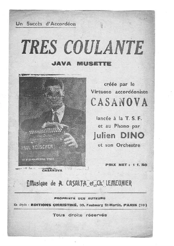 télécharger la partition d'accordéon Très coulante (Créée par : Casanova) (Java Musette) au format PDF