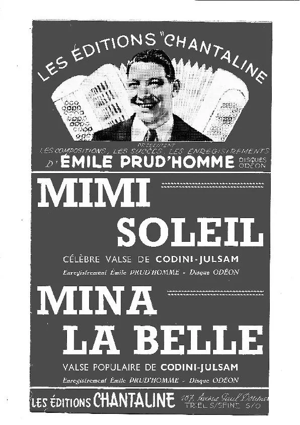 télécharger la partition d'accordéon Mina la belle (D'aprés la chanson populaire : Je serai là) (Arrangement : Emile Prud'Homme) (Valse Musette Chantée) au format PDF