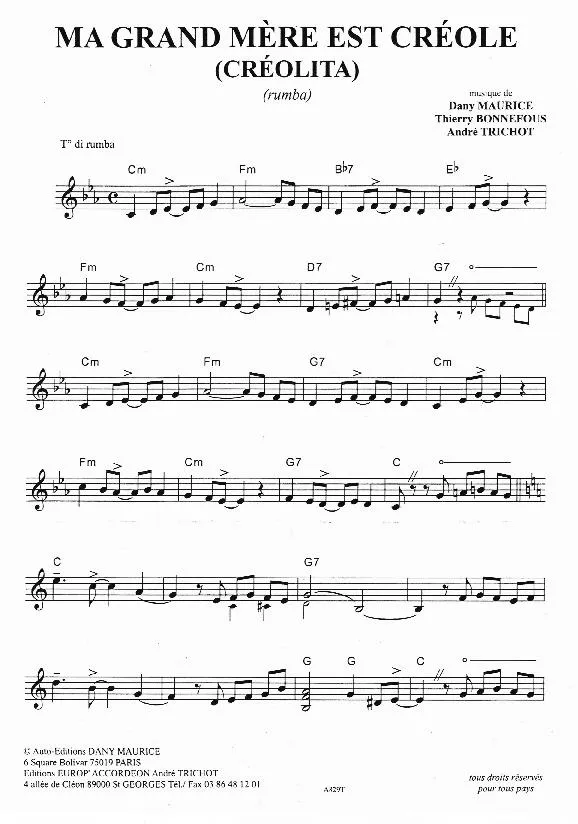 télécharger la partition d'accordéon Ma grand mère est Créole (Créolita) (Rumba) au format PDF