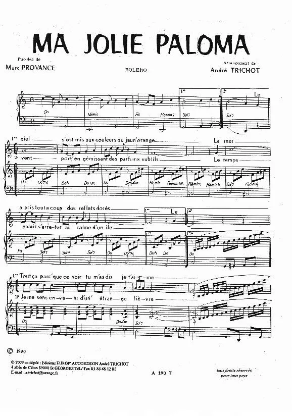 télécharger la partition d'accordéon Ma jolie Paloma (Arrangement pour 2 Accordéons sur l'air de : La Paloma) (Boléro)  au format PDF