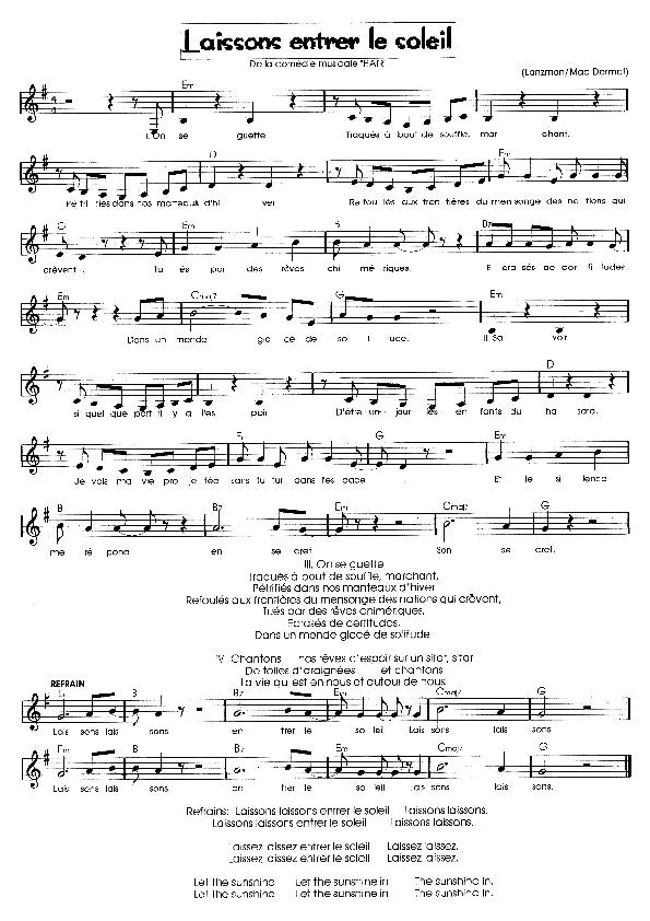télécharger la partition d'accordéon Laissons entrer le soleil (De la comédie musicale : Hair) au format PDF