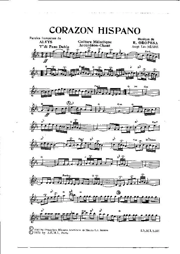 télécharger la partition d'accordéon Corazon Hispano (Arrangement : Léo Nègre) (Orchestration) (Paso Doble) au format PDF
