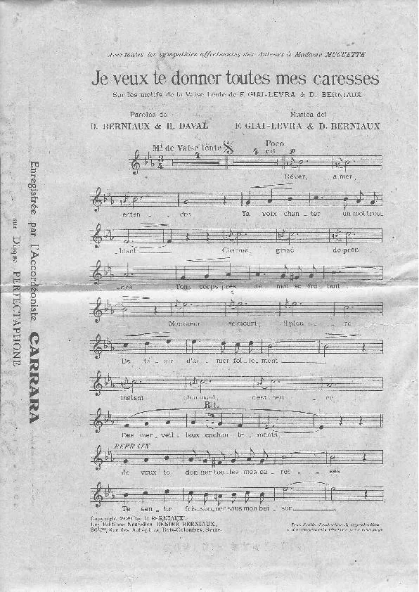 télécharger la partition d'accordéon Je veux te donner toutes mes caresses (Chant : Berthe Sylva) (Valse Lente) au format PDF