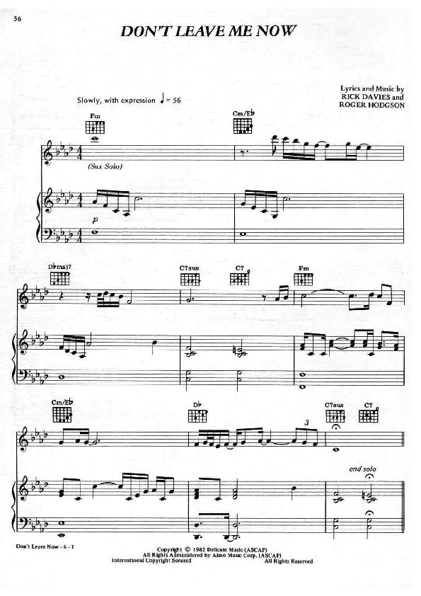 télécharger la partition d'accordéon Don't leave me now (Chant : Supertramp) (Pop Rock) au format PDF