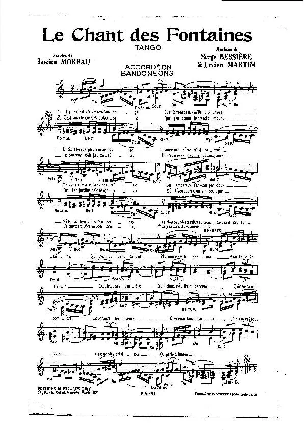 télécharger la partition d'accordéon Le chant des fontaines (Tango) au format PDF