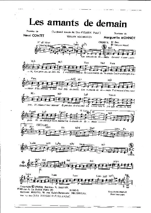 télécharger la partition d'accordéon Les amants de demain (Le grand succès du Film d'Edith Piaf) (Orchestration) (Slow) au format PDF