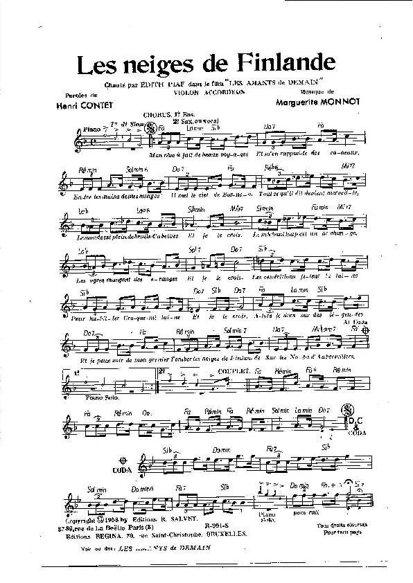 télécharger la partition d'accordéon Les neiges de Finlande (Chanté par : Edith Piaf dans le film : Les amants de demain) (Orchestration) (Slow) au format PDF