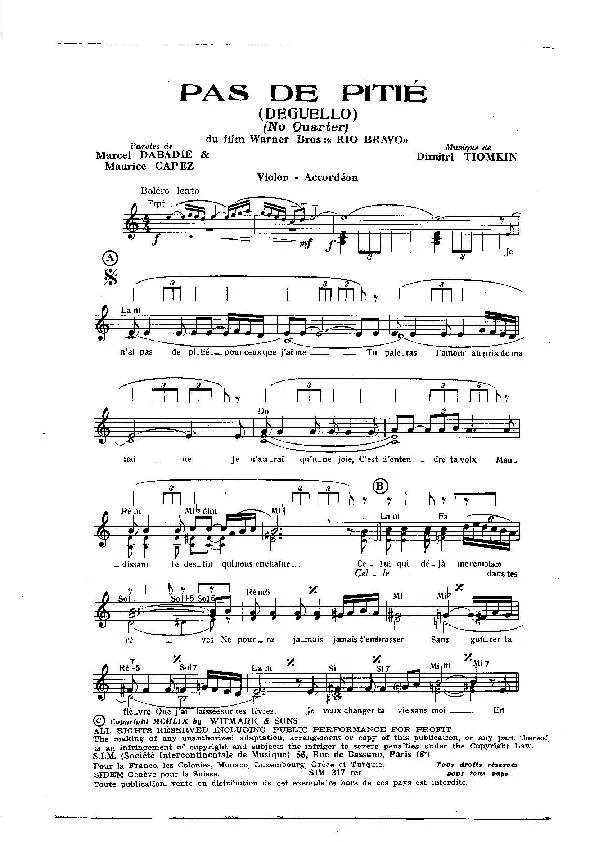 télécharger la partition d'accordéon Pas de pitié (Deguello) (No Quarter) (Du Film Warner Bros : Rio Bravo) (Orchestration Complète) (Boléro Lento) au format PDF