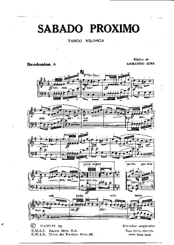 télécharger la partition d'accordéon Sabado Proximo (Bandonéon A + B) (Tango Milonga) au format PDF