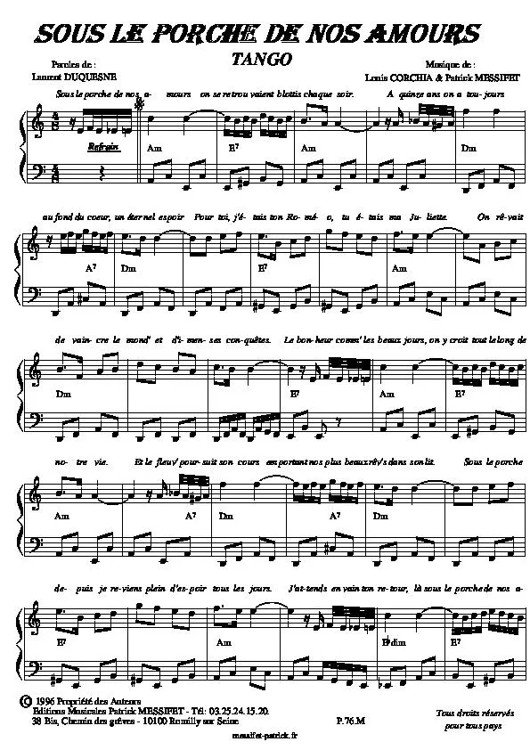 télécharger la partition d'accordéon Sous le porche de nos amours (Tango) au format PDF