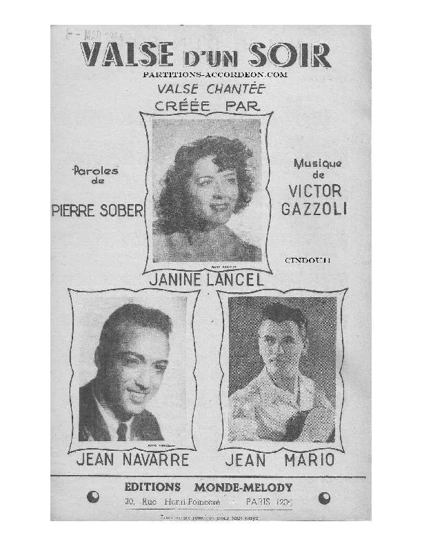 télécharger la partition d'accordéon Valse d'un soir (Chant : Janine Lancel / Jean Navarre / Jean Mario) (Orchestration) au format PDF