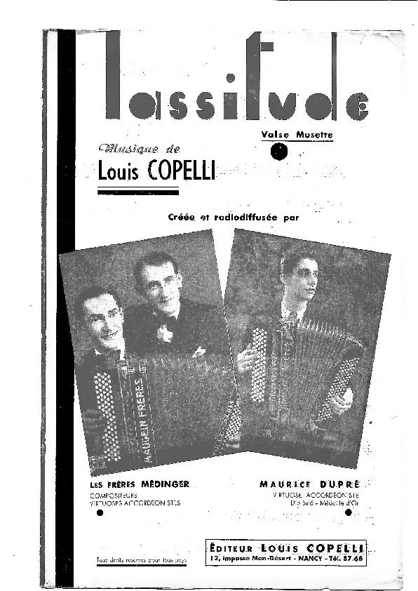 télécharger la partition d'accordéon Lassitude (Créée par : Les frères Médinger / Maurice Dupré) (Valse Musette) au format PDF