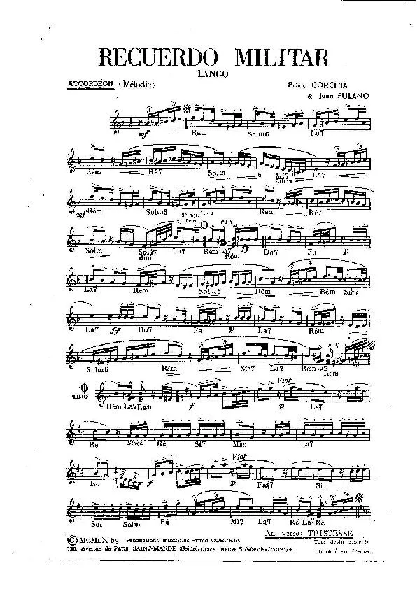 télécharger la partition d'accordéon Recuerdo Militar (Orchestration) (Tango) au format PDF