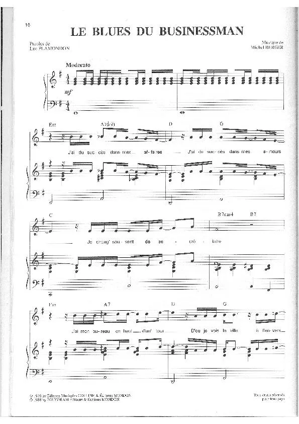 télécharger la partition d'accordéon Le blues du businessman (De la comédie musicale : Starmania) (Chant : Claude Dubois) (Ballade Pop)  au format PDF