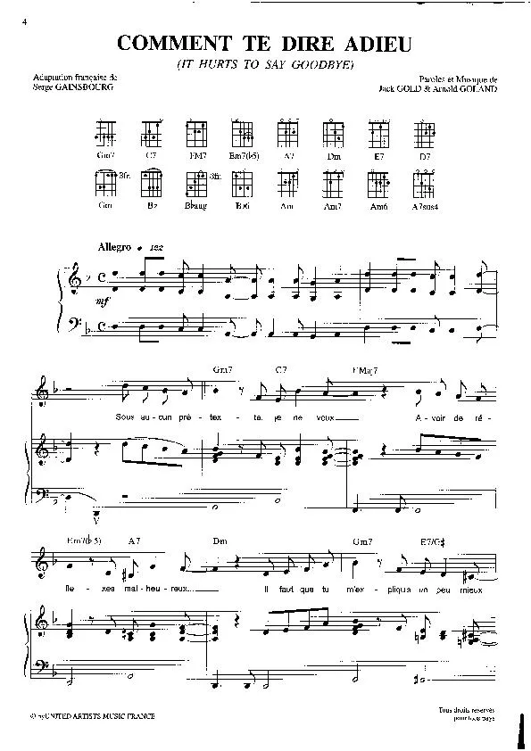 télécharger la partition d'accordéon Comment te dire adieu (It hurts to say goodbye) (Chant : Françoise Hardy) (Pop) au format PDF