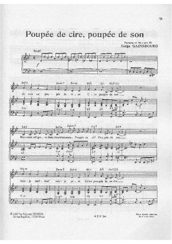 télécharger la partition d'accordéon Poupée de cire Poupée de son (Chant : France Gall) (Pop) au format PDF