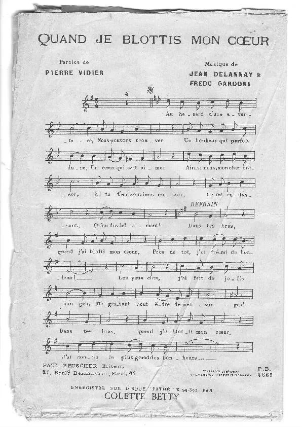 télécharger la partition d'accordéon Quand je blottis mon coeur (Chant : Colette Betty) (Valse) au format PDF
