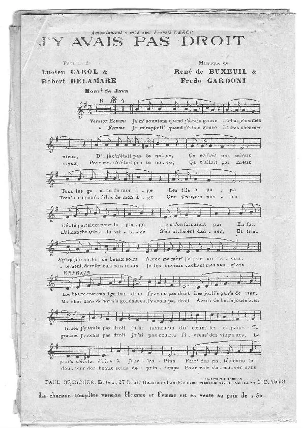 télécharger la partition d'accordéon J'y avais pas droit (Chant : Colette Betty) (Java) au format PDF