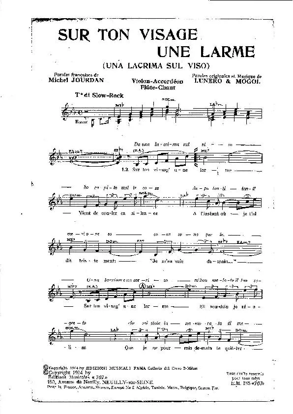 télécharger la partition d'accordéon Sur ton visage une larme (Una lacrima sul viso) (Spécial Accordéon + Orchestration) (Slow Rock) au format PDF