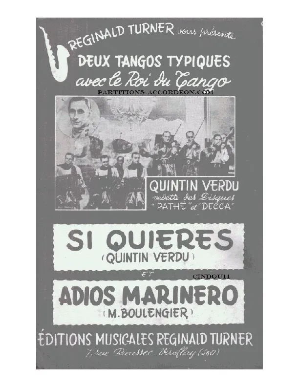 télécharger la partition d'accordéon Adios Marinero (Quand un marin s'en va) (Enregistré par : Quintin Verdu) (Orchestration Complète) (Tango Typique) au format PDF