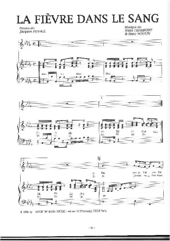 télécharger la partition d'accordéon La fièvre dans le sang (Pop Rock) au format PDF