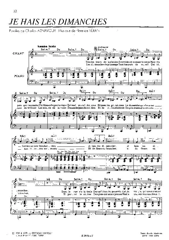 télécharger la partition d'accordéon Je hais les dimanches (Chant : Juliette Gréco) (Samba Pop) au format PDF