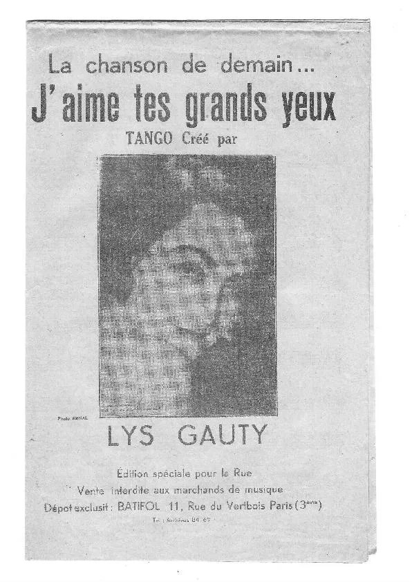 télécharger la partition d'accordéon J'aime tes grands yeux (Chant : Lys Gauty) (Tango) au format PDF