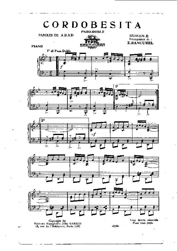 télécharger la partition d'accordéon Cordobesita (Paso Doble) (Partie Piano)  au format PDF