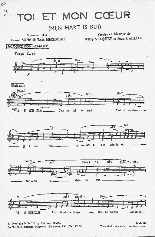 télécharger la partition d'accordéon Toi et mon coeur (Mijn hart is blij) (Tango) au format PDF