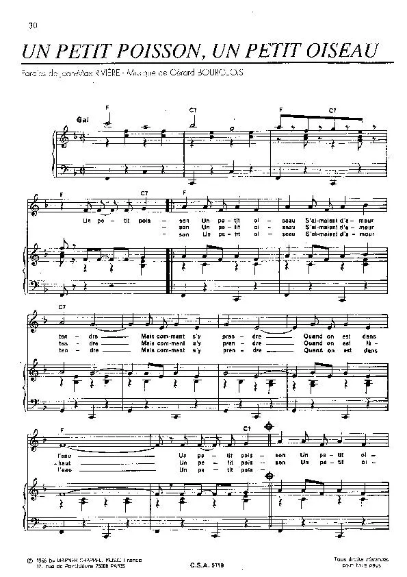 télécharger la partition d'accordéon Un petit poisson Un petit oiseau (Chant : Juliette Gréco) (Pop) au format PDF