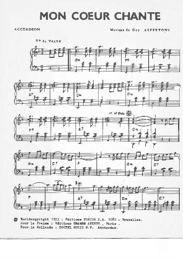 télécharger la partition d'accordéon Mon coeur chante (Valse) au format PDF