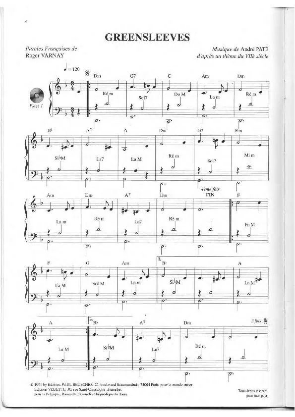 télécharger la partition d'accordéon Greensleeves (Traditionnel Ecossais d'après un thème du VIIème Siècle) (Valse Lente) au format PDF