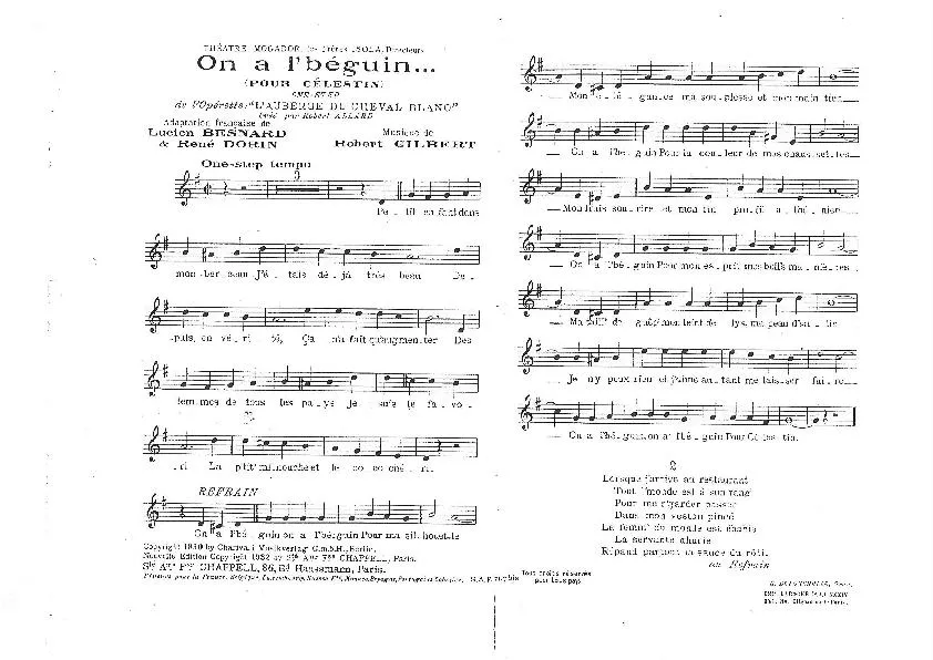 télécharger la partition d'accordéon On a l' béguin (Pour Célestin) (De l'Opérette : L'Auberge du Cheval Blanc) (Créé par : Robert Allard) (One Step) au format PDF