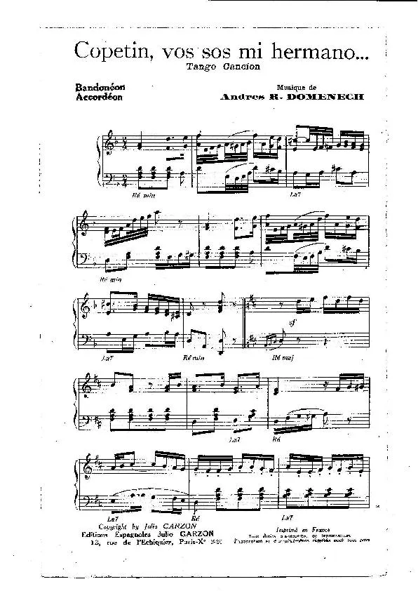 télécharger la partition d'accordéon Copetin vos sos mi hermano (Orchestration Complète) (Tango Chanté) au format PDF