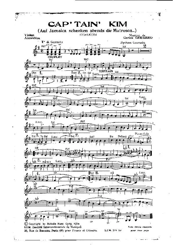télécharger la partition d'accordéon Cap'tain' Kim (Auf Jamaica schenken abends die Matrosen) (Orchestration) (Guaracha) au format PDF