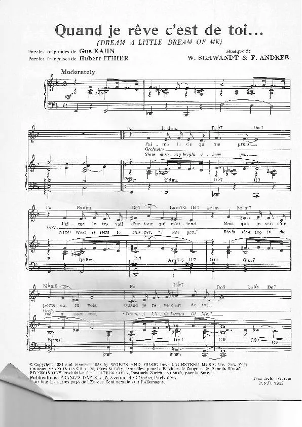 télécharger la partition d'accordéon Quand je rêve c'est de toi (Dream a little dream of me) au format PDF