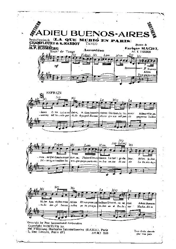 télécharger la partition d'accordéon Adieu Buenos Aires (La que murio en Paris) (Arrangement  : Yvonne Thomson) (Orchestration Complète) (Tango) au format PDF
