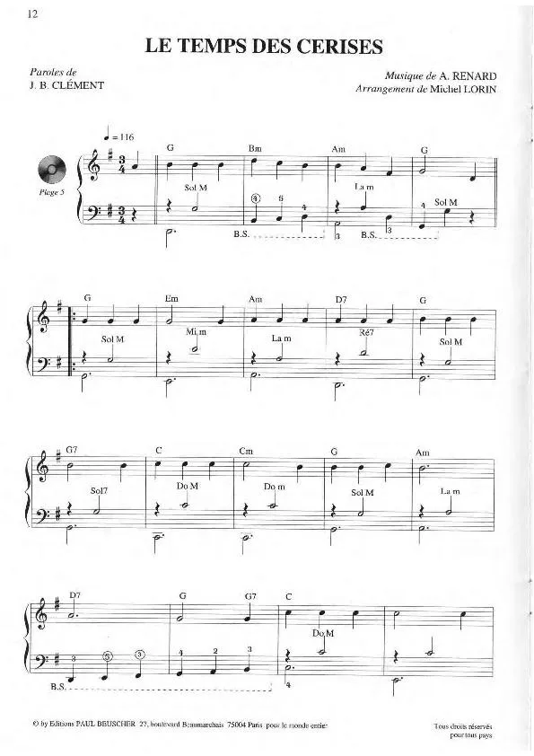 télécharger la partition d'accordéon Le temps des cerises (Arrangement : Michel Lorin) (Chant : Yves Montand) (Valse) au format PDF