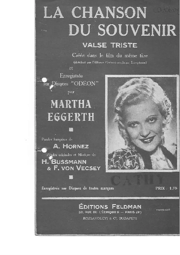 télécharger la partition d'accordéon La chanson du souvenir (Denkst du nie daran) (Chant : Martha Eggerth) (Valse Triste) au format PDF