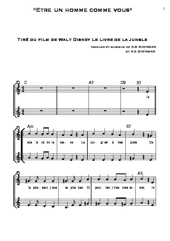 télécharger la partition d'accordéon Etre un homme comme vous (Tiré du Film de Walt Disney : Le livre de la jungle) au format PDF