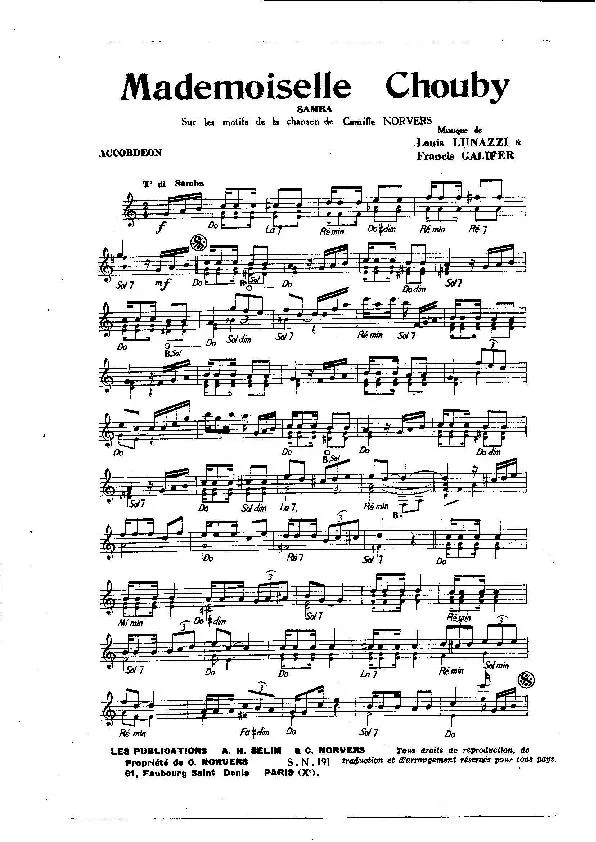 télécharger la partition d'accordéon Mademoiselle Chouby (Sur les motifs de la chanson de : Camille Norvers) (Orchestration) (Samba) au format PDF