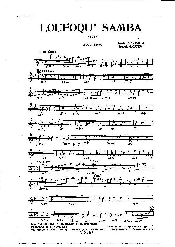 télécharger la partition d'accordéon Loufoqu' Samba (Sur les motifs de la chanson de : Camille Norvers)  (Orchestration) au format PDF
