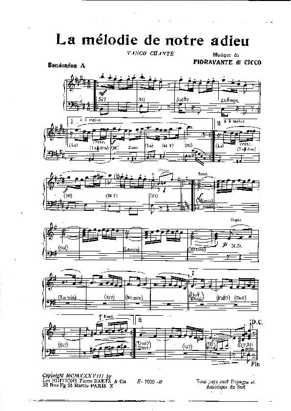 télécharger la partition d'accordéon La mélodie de notre adieu (Bandonéon A + B) (Tango) au format PDF