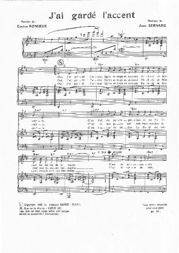 télécharger la partition d'accordéon J'ai gardé l'accent (Chant : Mireille Mathieu) au format PDF