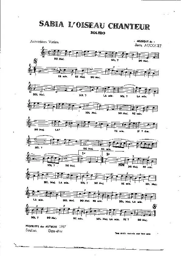 télécharger la partition d'accordéon Sabia l'oiseau chanteur (Orchestration) (Boléro) au format PDF