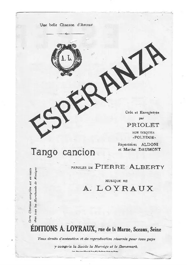 télécharger la partition d'accordéon Espéranza (Chant : Priolet) (Tango Chanté) au format PDF