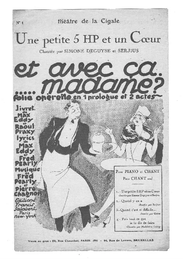 télécharger la partition d'accordéon Une petite 5 HP et un Coeur (De la Folie Opérette : Et avec ça madame) (Chant : Simone Deguyse et Serjius) (Chanson Comique) au format PDF